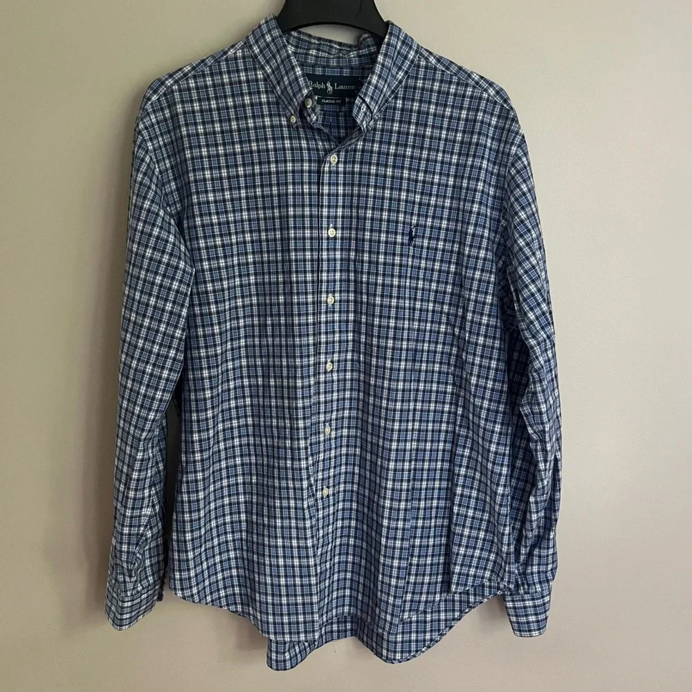 Ralph Lauren Classic Fit XL Blue Plaid Button Down Shirt Mens 100% Cotton